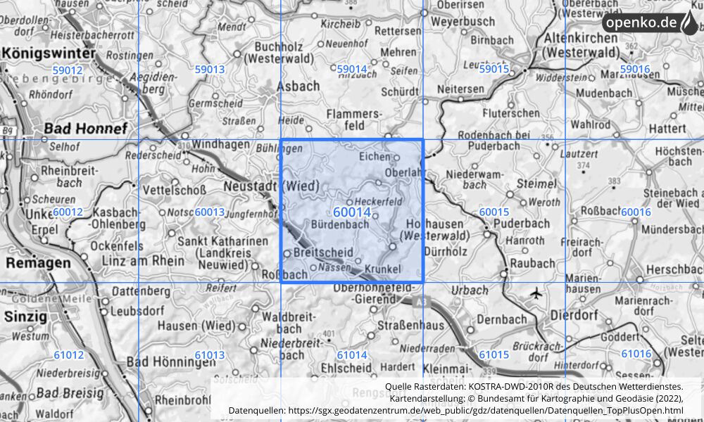 Übersichtskarte KOSTRA-DWD-2010R Rasterfeld Nr. 60014 mit angrenzenden Feldern