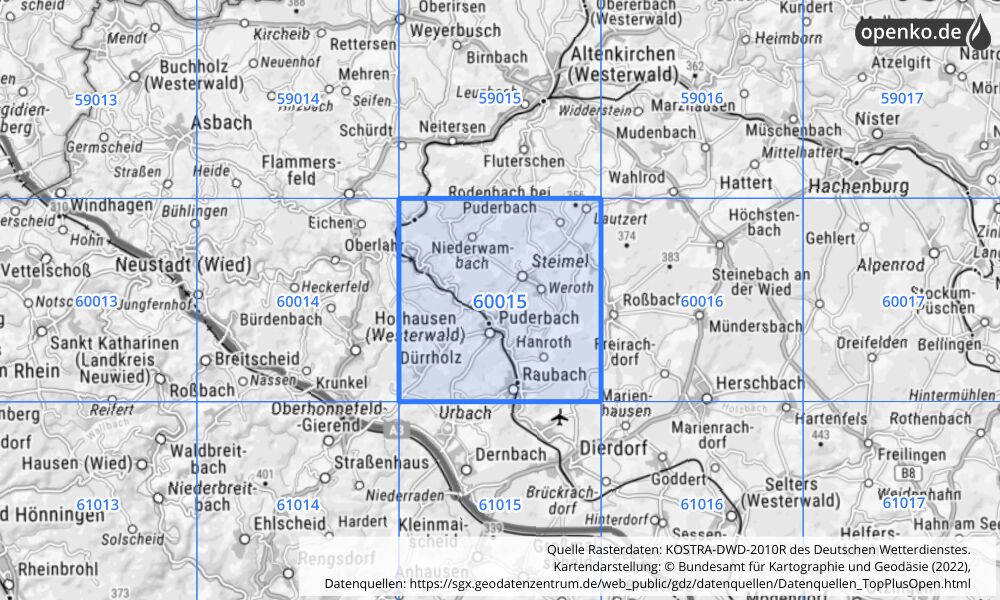 Übersichtskarte KOSTRA-DWD-2010R Rasterfeld Nr. 60015 mit angrenzenden Feldern