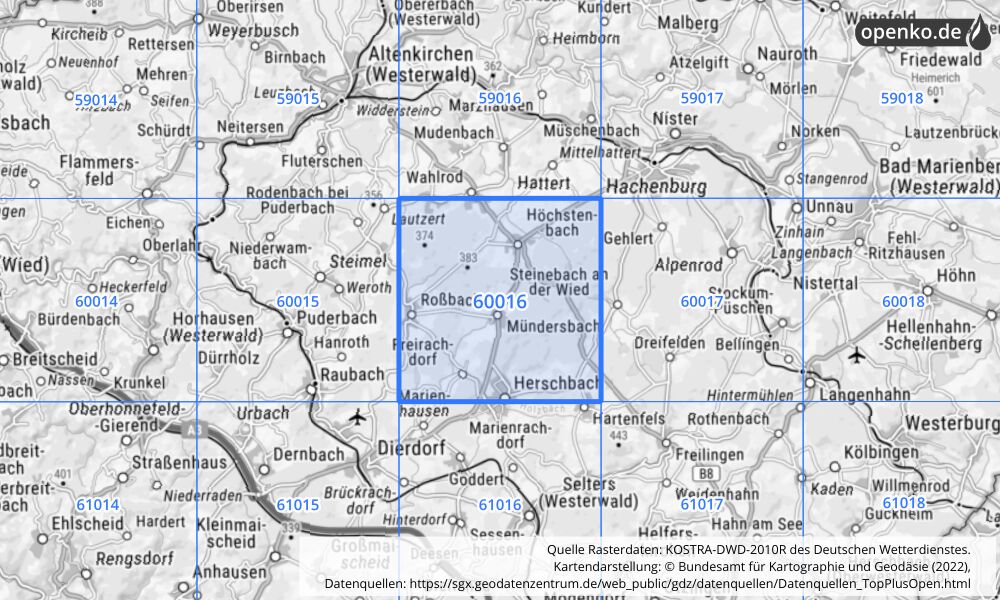 Übersichtskarte KOSTRA-DWD-2010R Rasterfeld Nr. 60016 mit angrenzenden Feldern