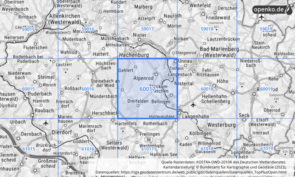 Übersichtskarte KOSTRA-DWD-2010R Rasterfeld Nr. 60017 mit angrenzenden Feldern