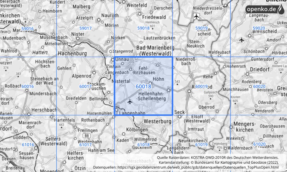 Übersichtskarte KOSTRA-DWD-2010R Rasterfeld Nr. 60018 mit angrenzenden Feldern