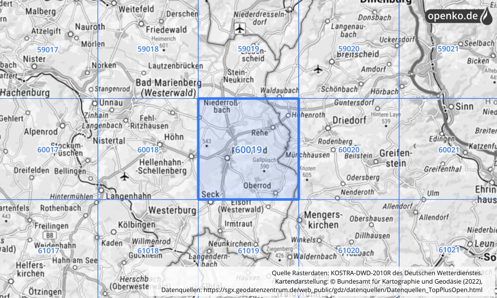 Übersichtskarte KOSTRA-DWD-2010R Rasterfeld Nr. 60019 mit angrenzenden Feldern