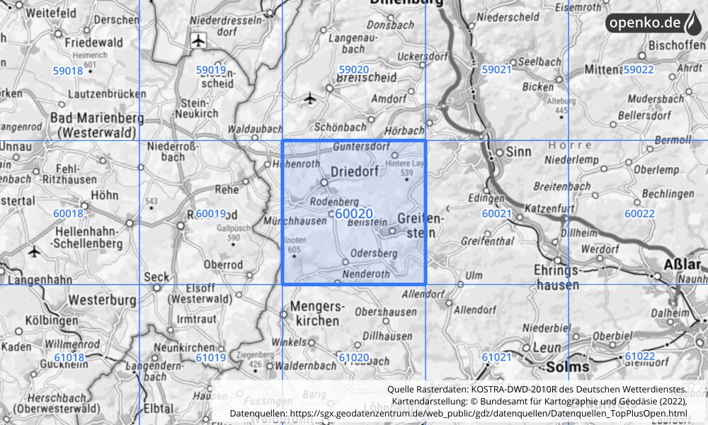 Übersichtskarte KOSTRA-DWD-2010R Rasterfeld Nr. 60020 mit angrenzenden Feldern