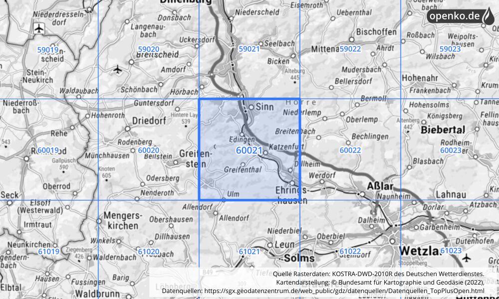 Übersichtskarte KOSTRA-DWD-2010R Rasterfeld Nr. 60021 mit angrenzenden Feldern