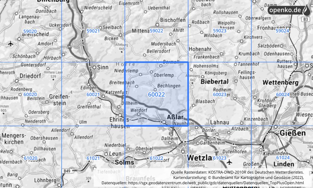 Übersichtskarte KOSTRA-DWD-2010R Rasterfeld Nr. 60022 mit angrenzenden Feldern