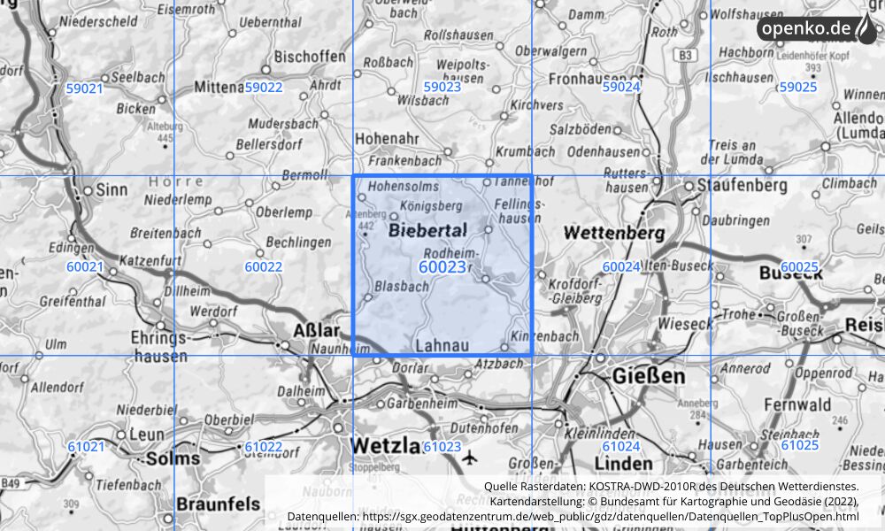 Übersichtskarte KOSTRA-DWD-2010R Rasterfeld Nr. 60023 mit angrenzenden Feldern