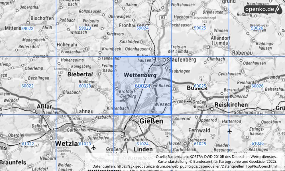 Übersichtskarte KOSTRA-DWD-2010R Rasterfeld Nr. 60024 mit angrenzenden Feldern