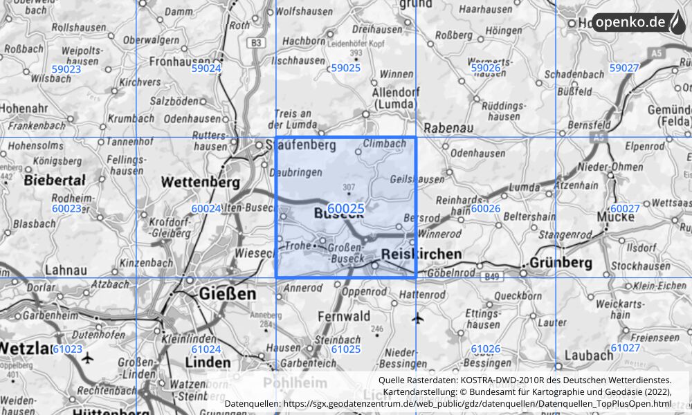 Übersichtskarte KOSTRA-DWD-2010R Rasterfeld Nr. 60025 mit angrenzenden Feldern