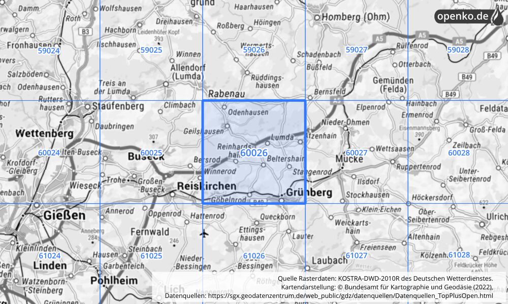 Übersichtskarte KOSTRA-DWD-2010R Rasterfeld Nr. 60026 mit angrenzenden Feldern