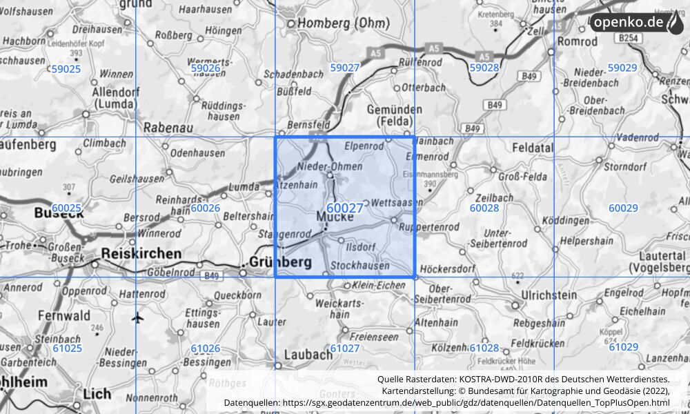 Übersichtskarte KOSTRA-DWD-2010R Rasterfeld Nr. 60027 mit angrenzenden Feldern