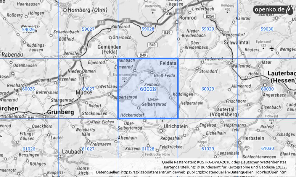 Übersichtskarte KOSTRA-DWD-2010R Rasterfeld Nr. 60028 mit angrenzenden Feldern