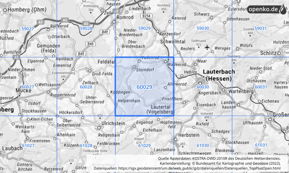 Übersichtskarte KOSTRA-DWD-2010R Rasterfeld Nr. 60029 mit angrenzenden Feldern