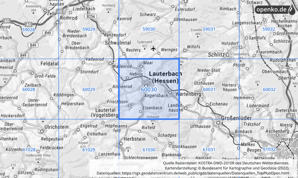 Übersichtskarte KOSTRA-DWD-2010R Rasterfeld Nr. 60030 mit angrenzenden Feldern