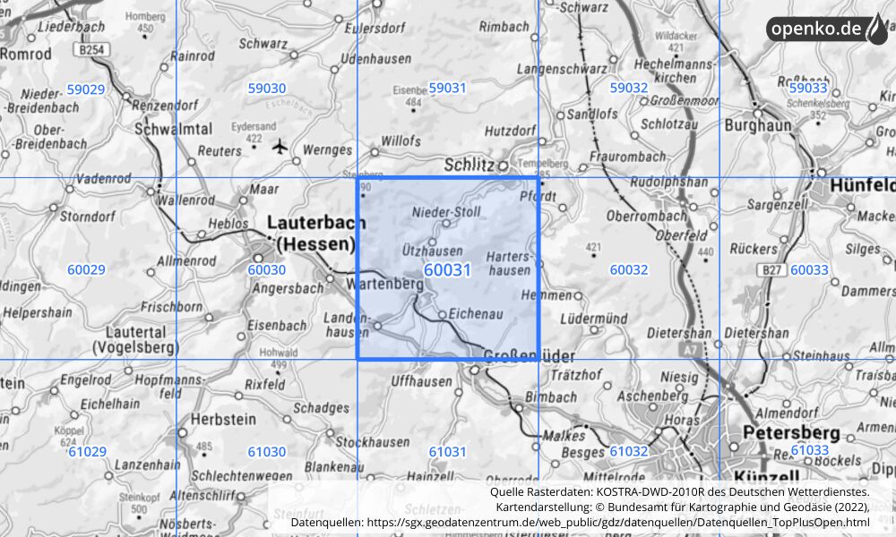 Übersichtskarte KOSTRA-DWD-2010R Rasterfeld Nr. 60031 mit angrenzenden Feldern