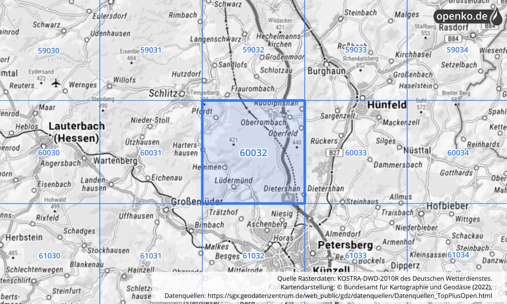 Übersichtskarte KOSTRA-DWD-2010R Rasterfeld Nr. 60032 mit angrenzenden Feldern