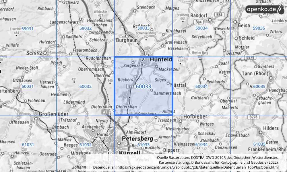 Übersichtskarte KOSTRA-DWD-2010R Rasterfeld Nr. 60033 mit angrenzenden Feldern