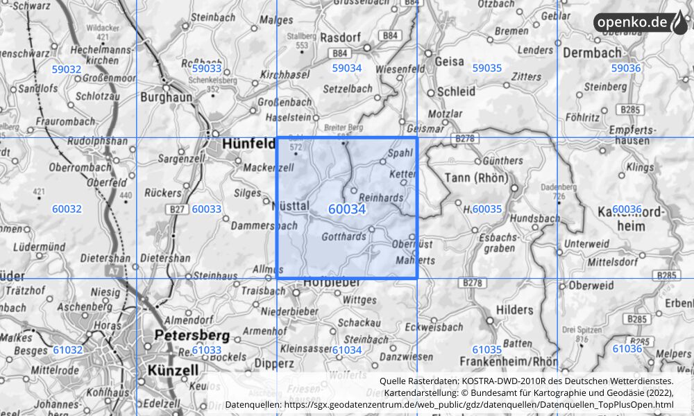 Übersichtskarte KOSTRA-DWD-2010R Rasterfeld Nr. 60034 mit angrenzenden Feldern