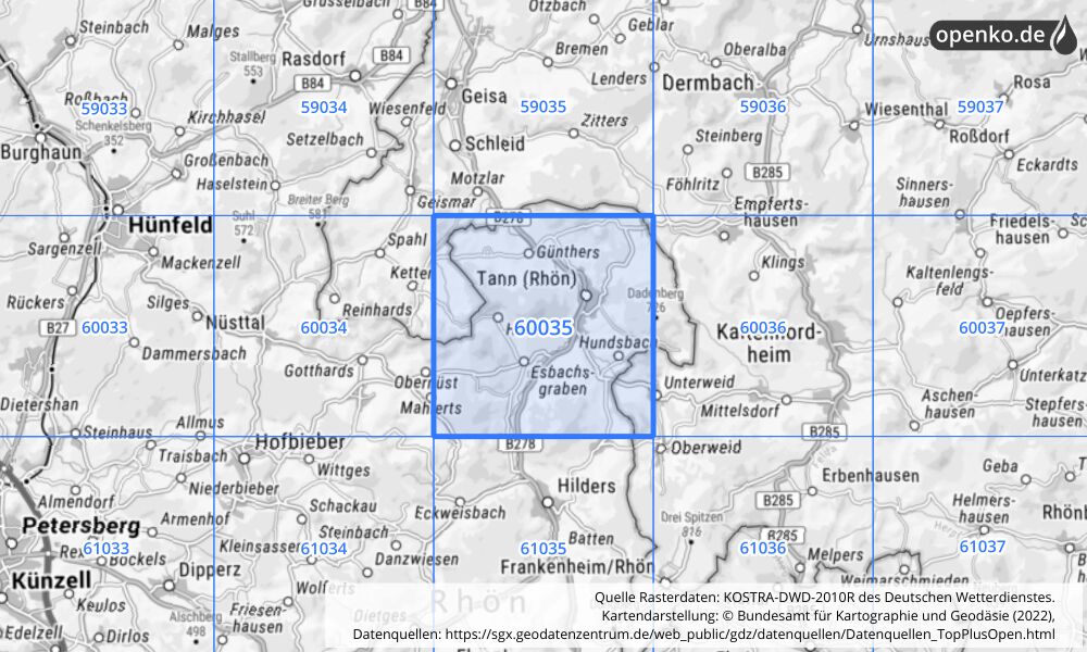 Übersichtskarte KOSTRA-DWD-2010R Rasterfeld Nr. 60035 mit angrenzenden Feldern