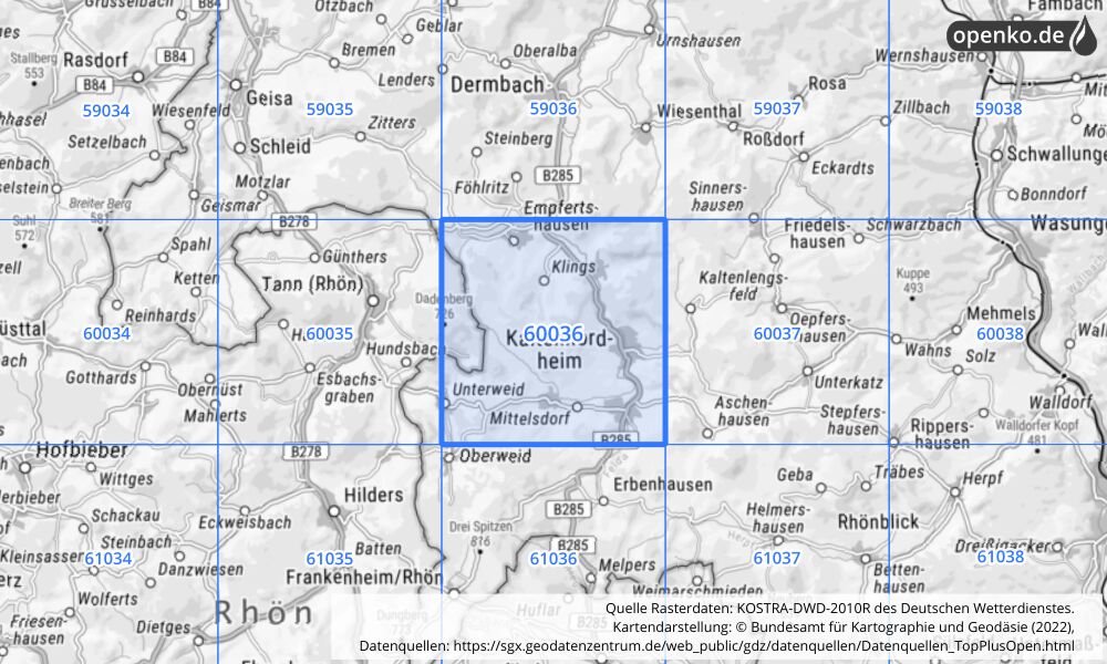 Übersichtskarte KOSTRA-DWD-2010R Rasterfeld Nr. 60036 mit angrenzenden Feldern