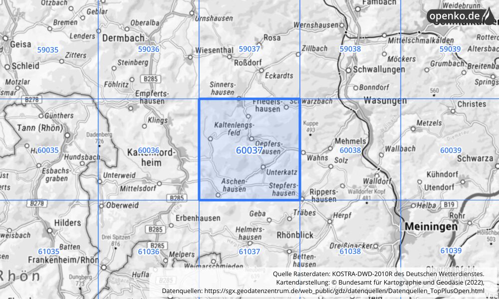 Übersichtskarte KOSTRA-DWD-2010R Rasterfeld Nr. 60037 mit angrenzenden Feldern