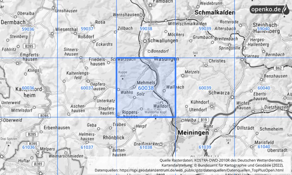 Übersichtskarte KOSTRA-DWD-2010R Rasterfeld Nr. 60038 mit angrenzenden Feldern