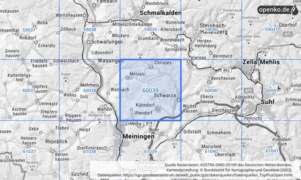 Übersichtskarte KOSTRA-DWD-2010R Rasterfeld Nr. 60039 mit angrenzenden Feldern