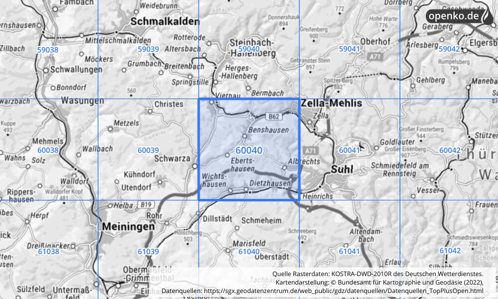 Übersichtskarte KOSTRA-DWD-2010R Rasterfeld Nr. 60040 mit angrenzenden Feldern