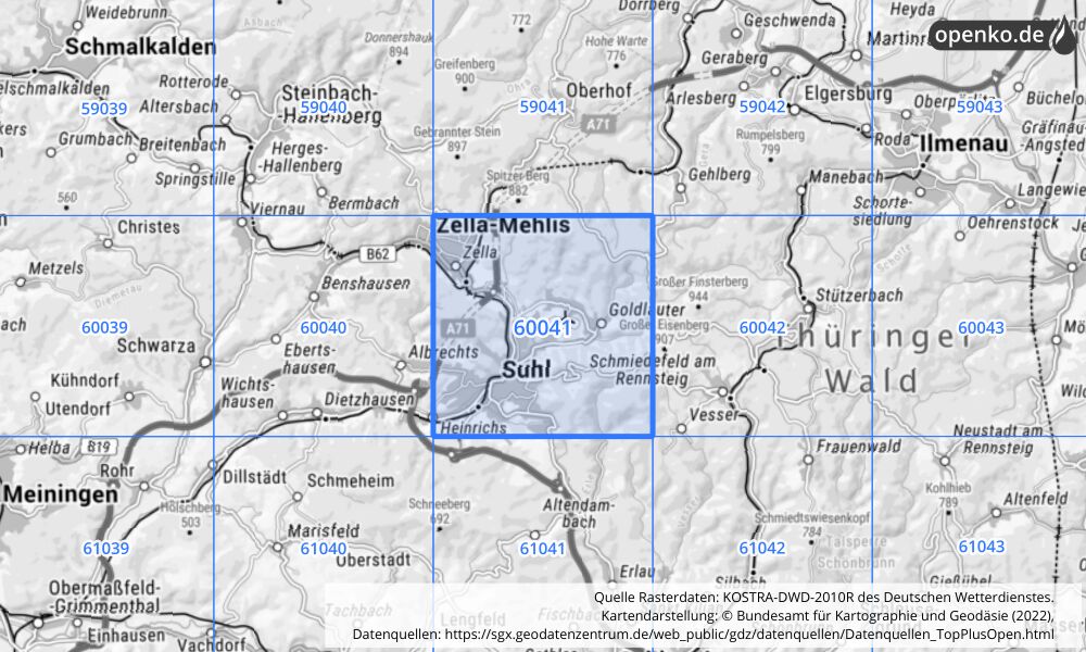 Übersichtskarte KOSTRA-DWD-2010R Rasterfeld Nr. 60041 mit angrenzenden Feldern