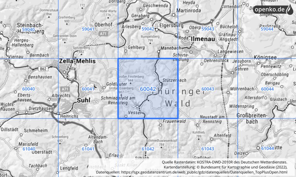 Übersichtskarte KOSTRA-DWD-2010R Rasterfeld Nr. 60042 mit angrenzenden Feldern