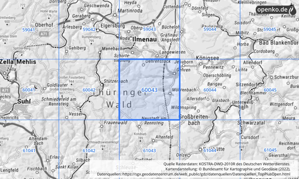 Übersichtskarte KOSTRA-DWD-2010R Rasterfeld Nr. 60043 mit angrenzenden Feldern