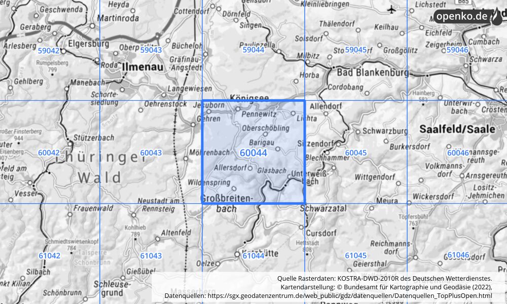 Übersichtskarte KOSTRA-DWD-2010R Rasterfeld Nr. 60044 mit angrenzenden Feldern