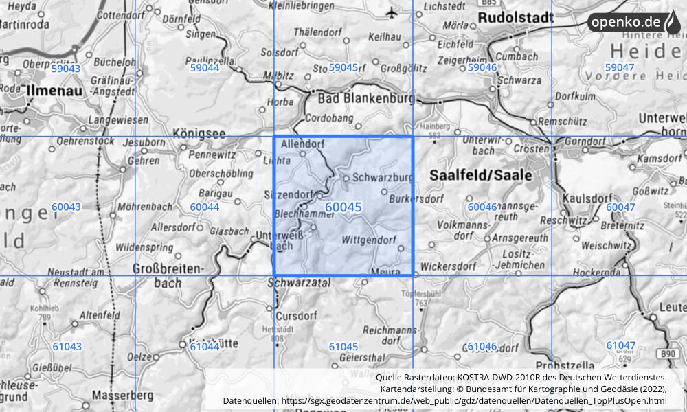 Übersichtskarte KOSTRA-DWD-2010R Rasterfeld Nr. 60045 mit angrenzenden Feldern