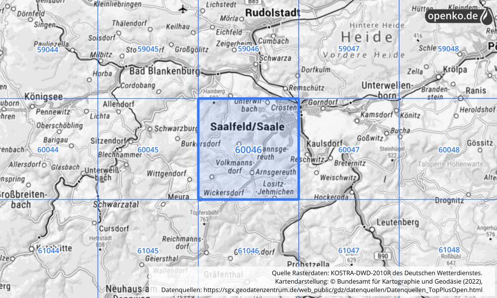 Übersichtskarte KOSTRA-DWD-2010R Rasterfeld Nr. 60046 mit angrenzenden Feldern