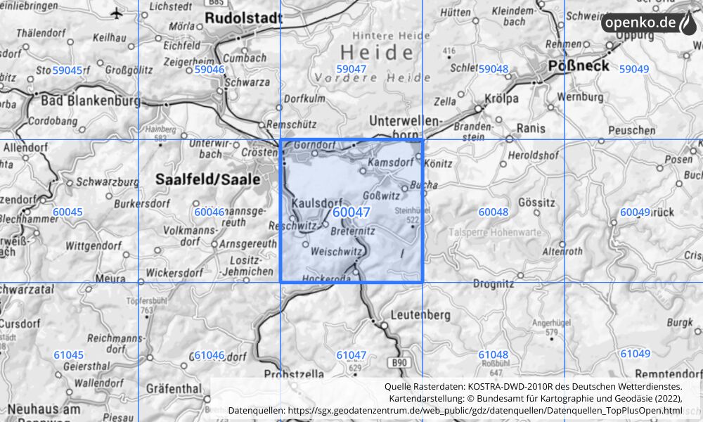 Übersichtskarte KOSTRA-DWD-2010R Rasterfeld Nr. 60047 mit angrenzenden Feldern