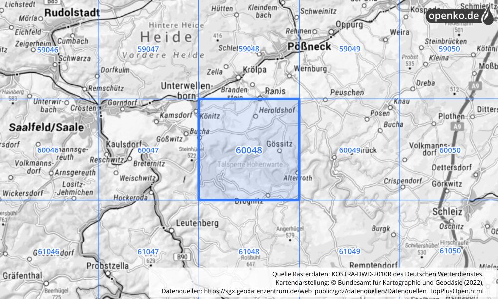 Übersichtskarte KOSTRA-DWD-2010R Rasterfeld Nr. 60048 mit angrenzenden Feldern