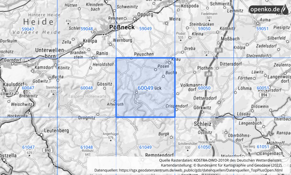 Übersichtskarte KOSTRA-DWD-2010R Rasterfeld Nr. 60049 mit angrenzenden Feldern