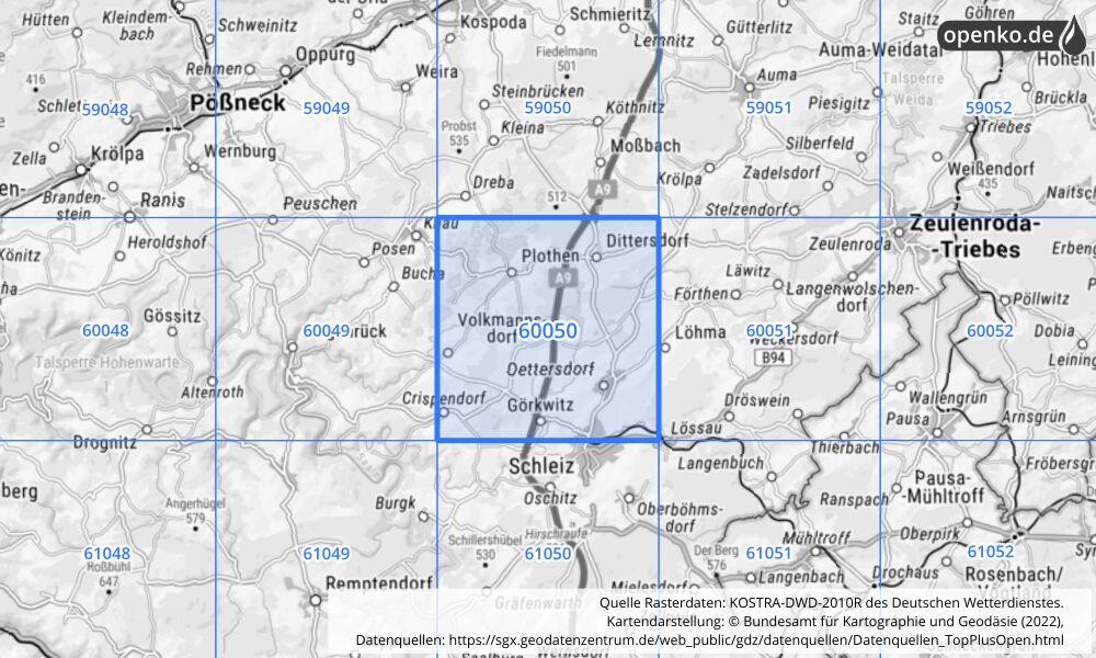 Übersichtskarte KOSTRA-DWD-2010R Rasterfeld Nr. 60050 mit angrenzenden Feldern