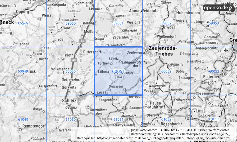 Übersichtskarte KOSTRA-DWD-2010R Rasterfeld Nr. 60051 mit angrenzenden Feldern