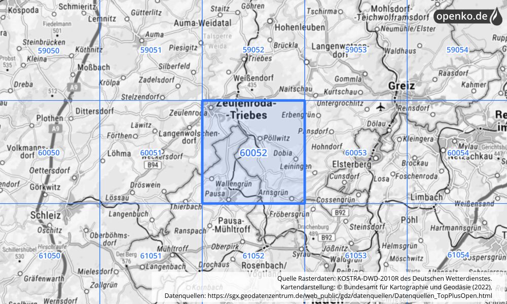 Übersichtskarte KOSTRA-DWD-2010R Rasterfeld Nr. 60052 mit angrenzenden Feldern