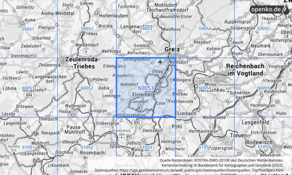 Übersichtskarte KOSTRA-DWD-2010R Rasterfeld Nr. 60053 mit angrenzenden Feldern