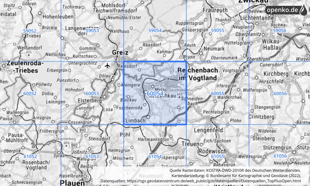 Übersichtskarte KOSTRA-DWD-2010R Rasterfeld Nr. 60054 mit angrenzenden Feldern