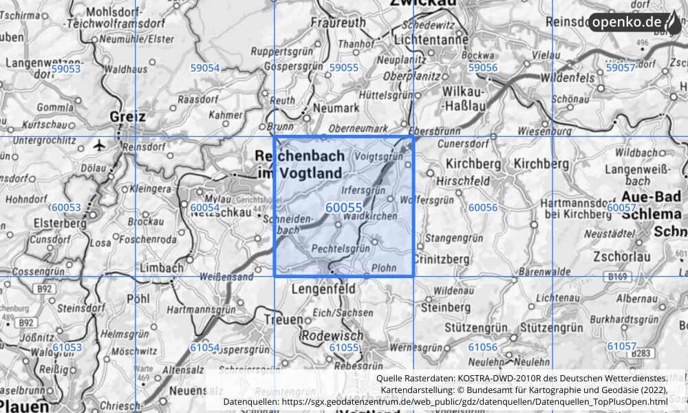 Übersichtskarte KOSTRA-DWD-2010R Rasterfeld Nr. 60055 mit angrenzenden Feldern