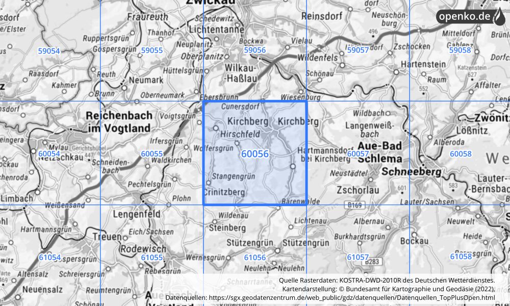 Übersichtskarte KOSTRA-DWD-2010R Rasterfeld Nr. 60056 mit angrenzenden Feldern