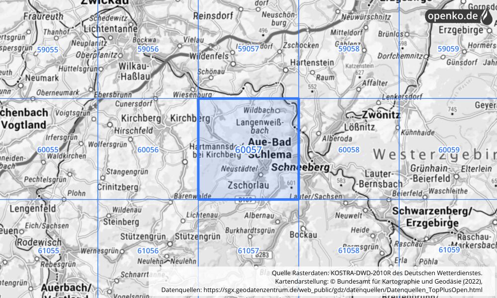 Übersichtskarte KOSTRA-DWD-2010R Rasterfeld Nr. 60057 mit angrenzenden Feldern