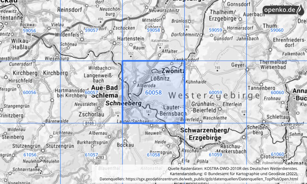 Übersichtskarte KOSTRA-DWD-2010R Rasterfeld Nr. 60058 mit angrenzenden Feldern