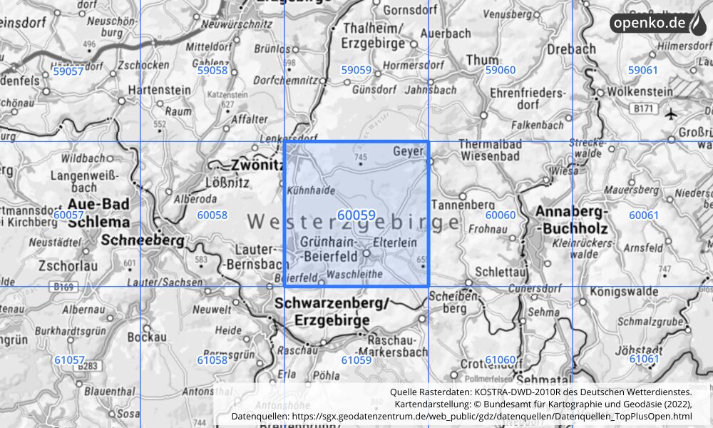 Übersichtskarte KOSTRA-DWD-2010R Rasterfeld Nr. 60059 mit angrenzenden Feldern