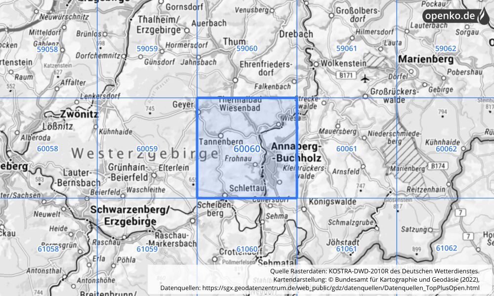 Übersichtskarte KOSTRA-DWD-2010R Rasterfeld Nr. 60060 mit angrenzenden Feldern