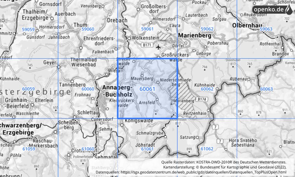 Übersichtskarte KOSTRA-DWD-2010R Rasterfeld Nr. 60061 mit angrenzenden Feldern