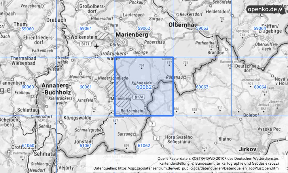 Übersichtskarte KOSTRA-DWD-2010R Rasterfeld Nr. 60062 mit angrenzenden Feldern