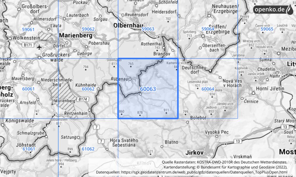 Übersichtskarte KOSTRA-DWD-2010R Rasterfeld Nr. 60063 mit angrenzenden Feldern